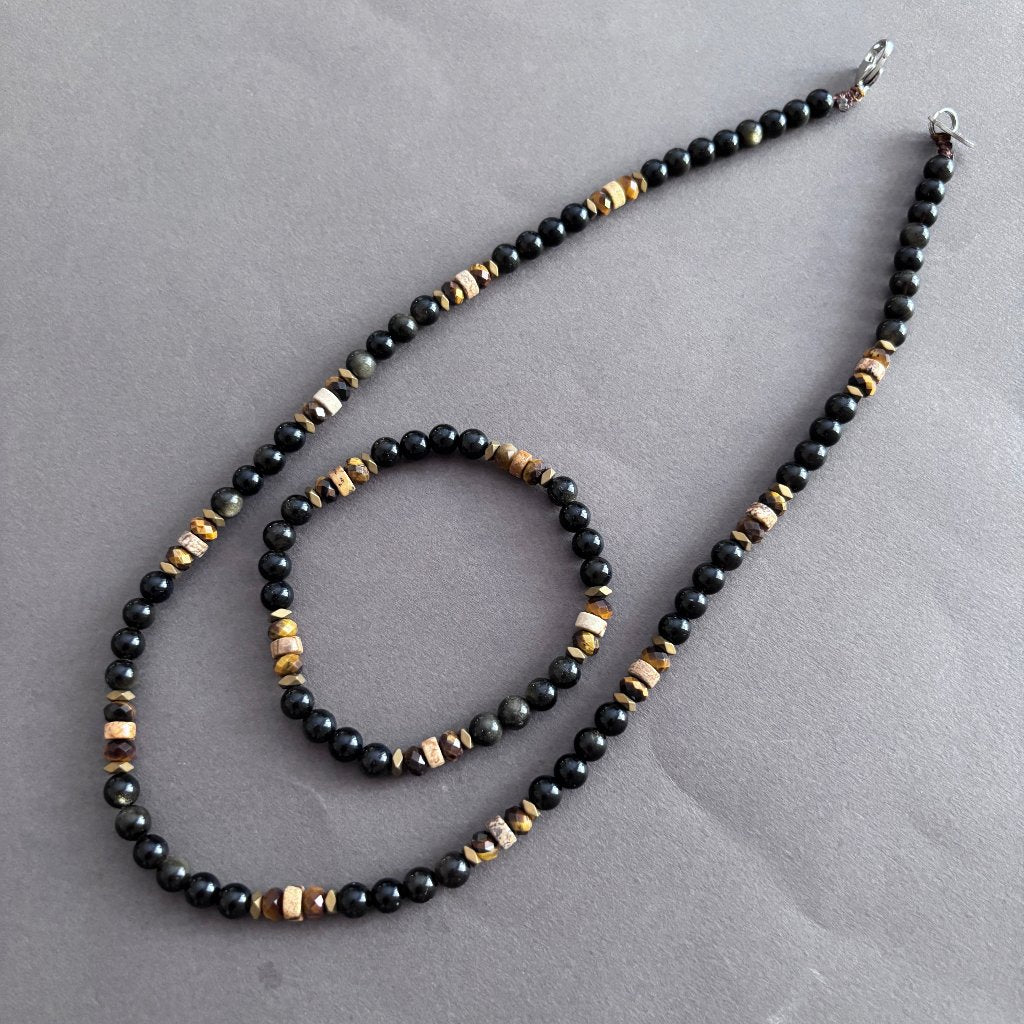 סט תכשיטים לגבר גולדן אובסידיאן| תכשיטים מתנה לגבר- ARIO by Shlomit Berdah