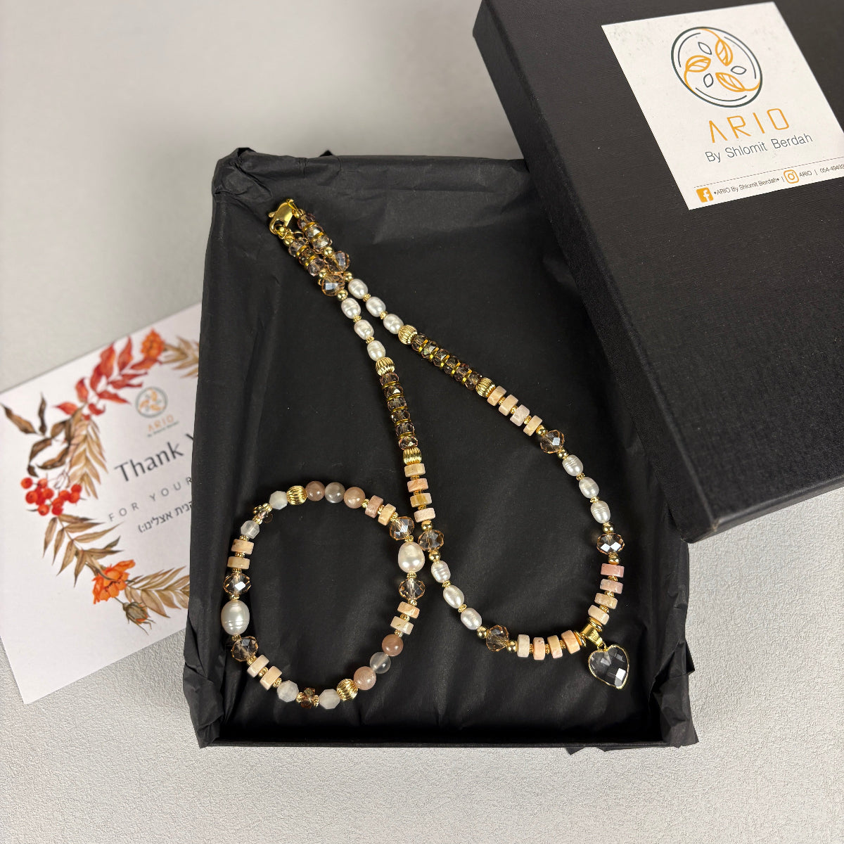 סט לב קוורץ ואופאל ורוד- מתנה לאישה- ARIO by Shlomit Berdah